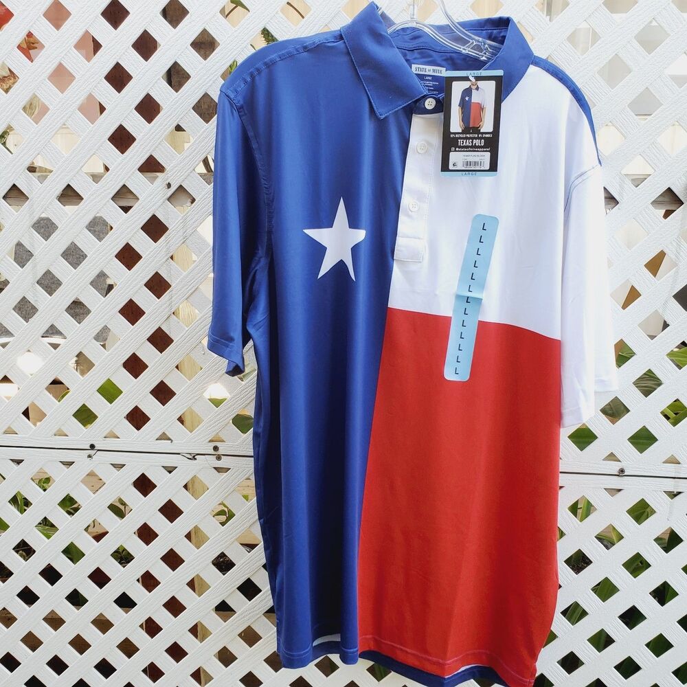 State Of Mine Texas Flag Performance Polo Golf Shirt Mens L Blue Colorblock NWT